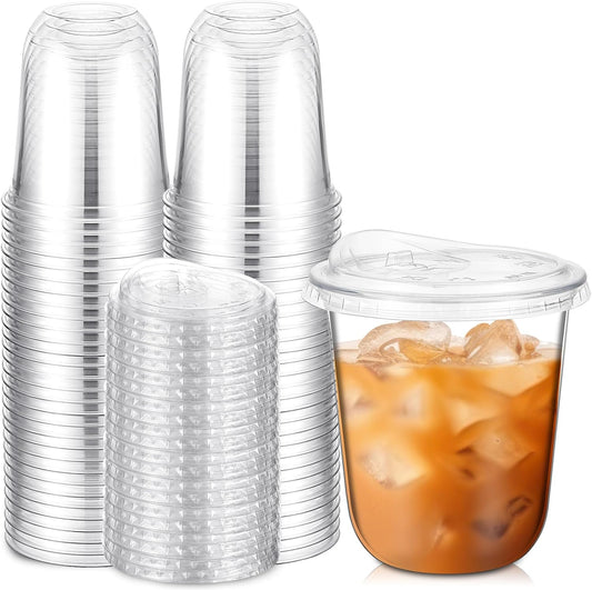 Ziliny 12 oz Clear Plastic Cups - Thickened Disposable PET Cups with Strawless Sip Lids | Perfect for Iced Coffee, Smoothies, and Parties