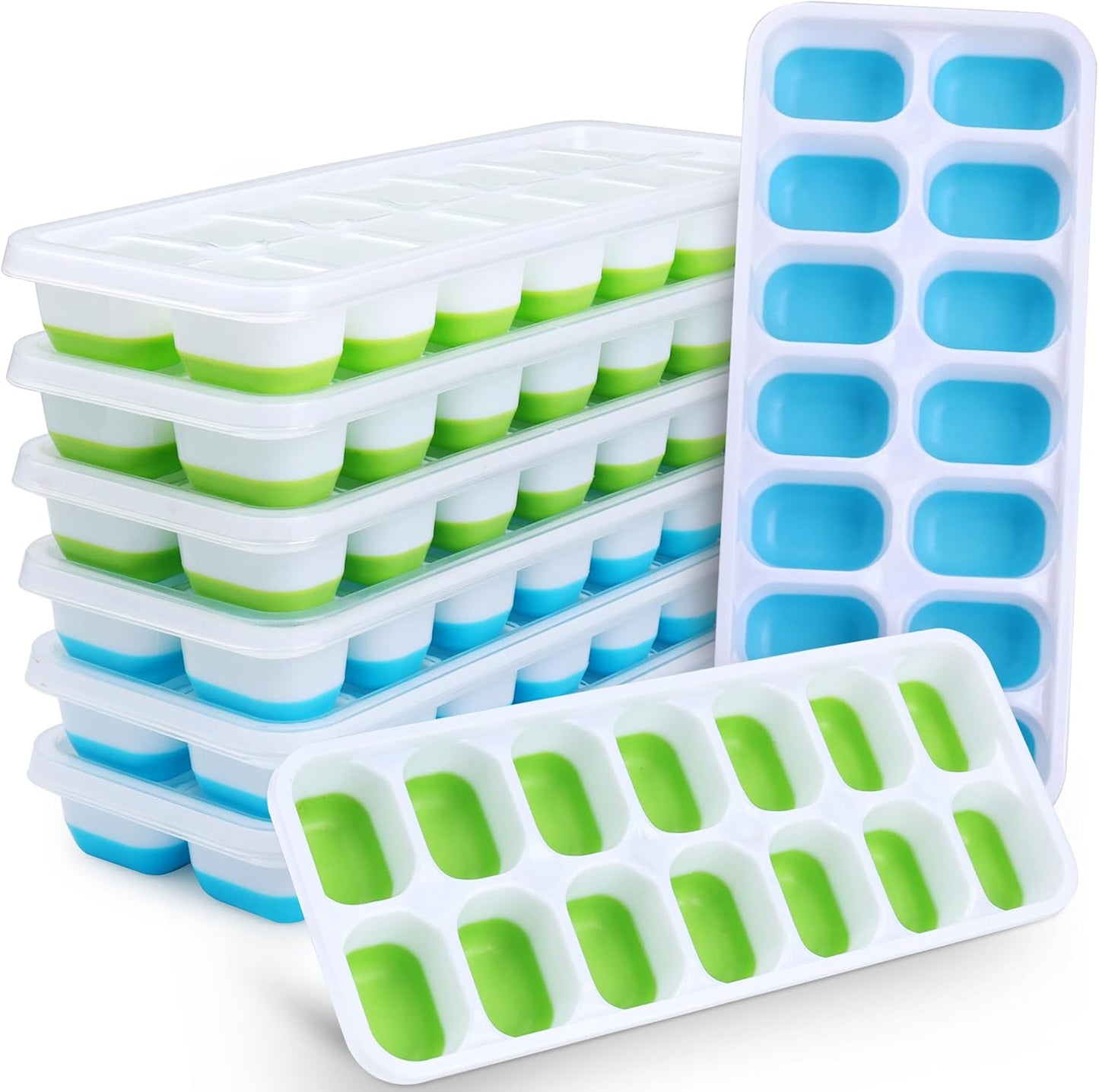 Skiennix Silicone Ice Cube Tray - 8 Pack Easy-Release & Flexible Design | Stackable with Spill-Resistant Lid (4 Blue + 4 Green)