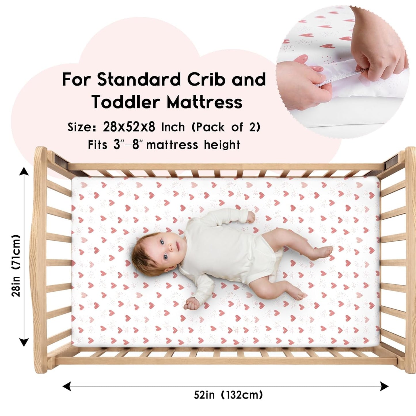 Yoofoss Fitted Baby Crib Sheets - Super Soft Microfiber 2-Pack for Standard Crib & Toddler Mattress | Pink & Love 28x52x8in
