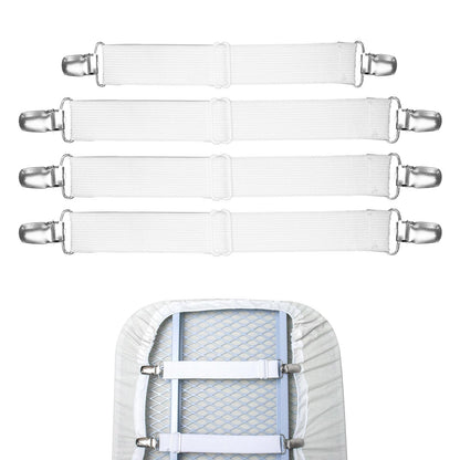 VividPaw Ironing Board Cover Clips and Fasteners, Set of 4, Anti-Slip Straps for Secure and Tight Fit, Wrinkle-Free Iron Covers, Sheet Suspenders Clip for Bed, Sofa, Adjustable Length (White)