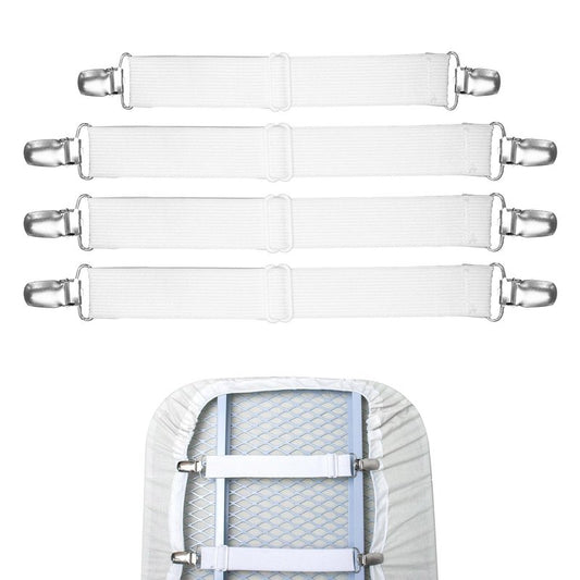 VividPaw Ironing Board Cover Clips and Fasteners, Set of 4, Anti-Slip Straps for Secure and Tight Fit, Wrinkle-Free Iron Covers, Sheet Suspenders Clip for Bed, Sofa, Adjustable Length (White)