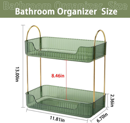 Shuang Qing Bathroom Counter Organizer - 2-Tier Makeup & Skincare Shelf in Green | Vanity & Dresser Storage