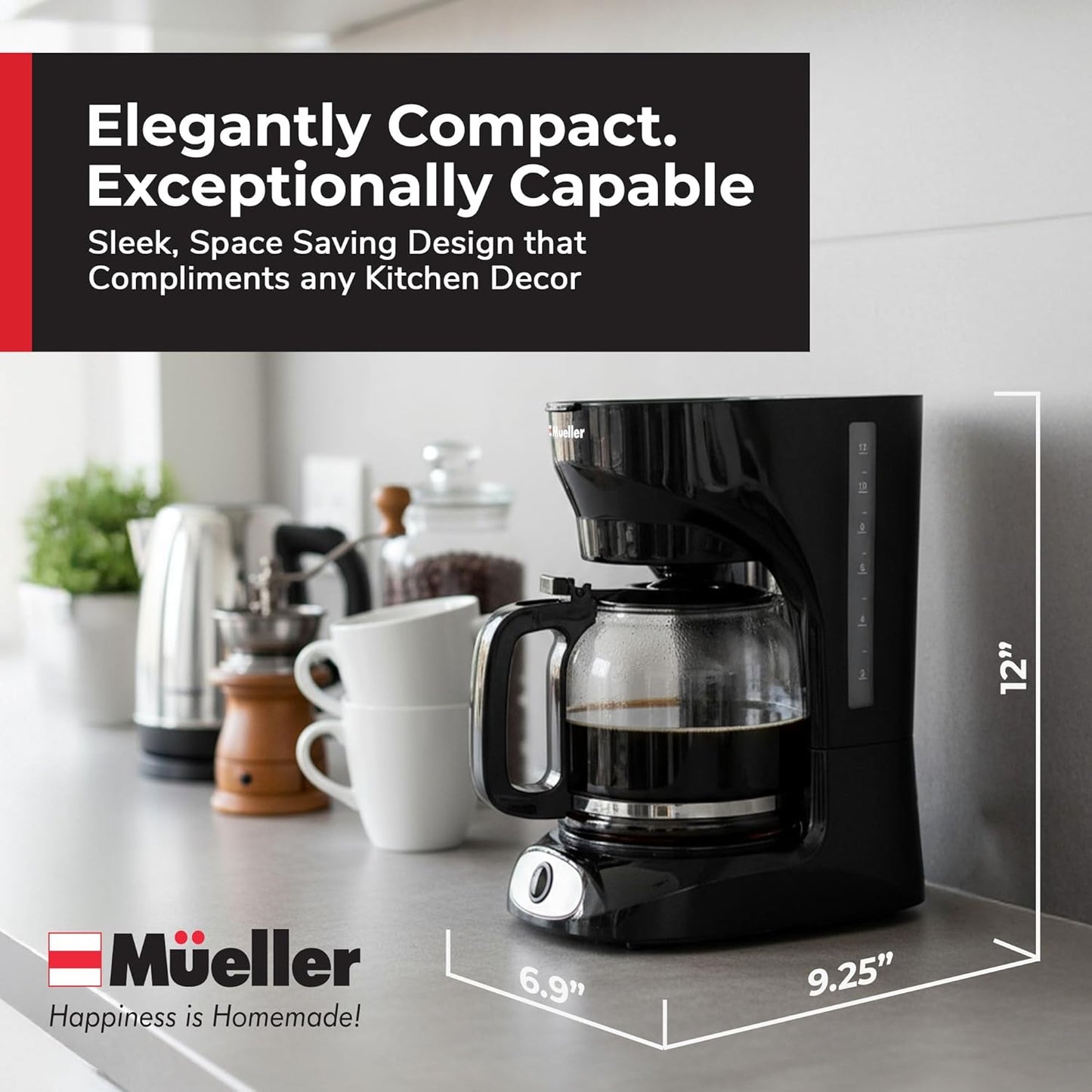 Mueller 12-Cup Drip Coffee Maker - Borosilicate Carafe, Auto-Off & Reusable Filter | Kitchen Essential