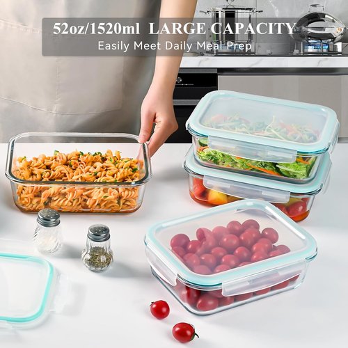 GEHE 4 Pack Large Glass Food Storage Containers - 52 oz Airtight Meal Prep & Baking | BPA Free, Microwave & Oven Safe