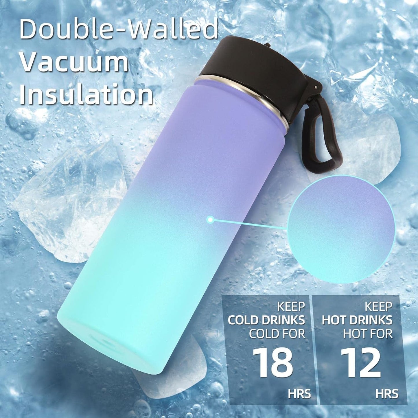 Volhoply 18oz Insulated Kids Water Bottle - Stainless Steel with Straw Lid | Double Wall Vacuum, Purple Blue