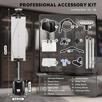 CGOLDENWALL Professional Garment Steamer - 1500W Powerful Steam, 70 Min Continuous Use, Fast 30s Heat-Up | Includes Fabric Brush & Accessories