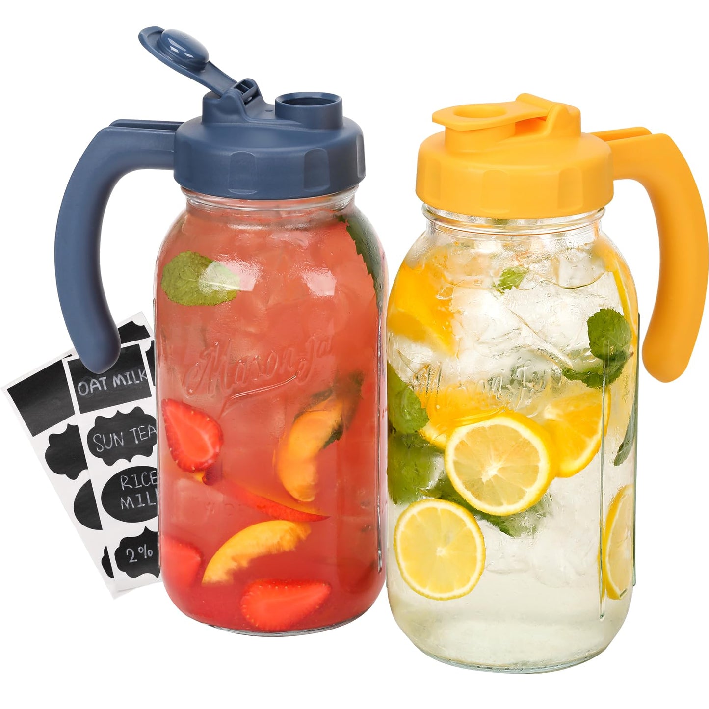 Soligt Glass Mason Jar Pitcher with Lid, Wide Mouth Flip Cap Pour Spout Leak-proof Lid with Handle, 64 oz (2 Quart / 1.9 Liter), for Sun Tea/Iced Tea/Juice/Cold Brew Coffee/Milk