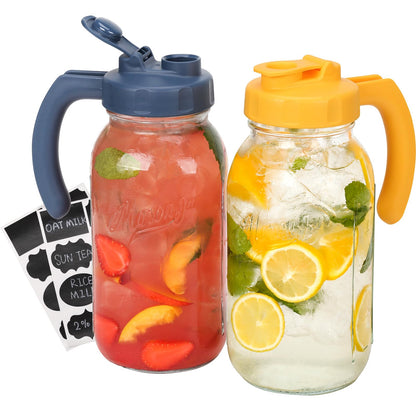 Soligt Glass Mason Jar Pitcher with Lid, Wide Mouth Flip Cap Pour Spout Leak-proof Lid with Handle, 64 oz (2 Quart / 1.9 Liter), for Sun Tea/Iced Tea/Juice/Cold Brew Coffee/Milk