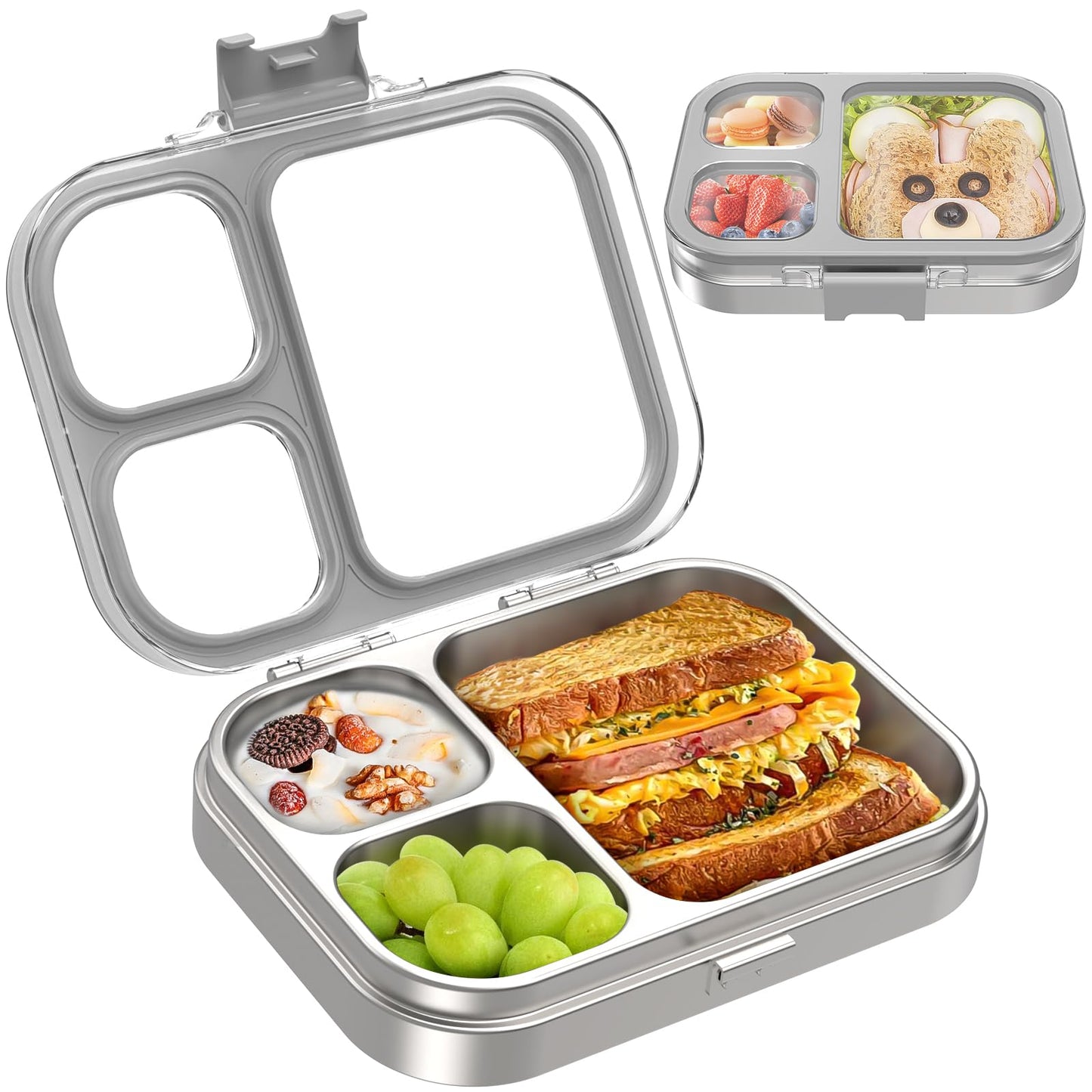 LOHASOK Kids Stainless Steel Bento Box with Silicone Lid Leak-proof Toddlers Lunch Container 3 Compartments Dishwasher Safe Grey