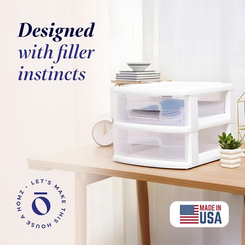 HOMZ 2-Pack Storage Cart - Clear Plastic Drawers, 14.25" Wide, White Frame | Versatile Organizing Solution for Home & Office
