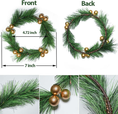 Skiennix Christmas Candle Rings - Artificial Golden Berries & Pine Needles | 4-Piece Wreath Set for Festive Table Decor