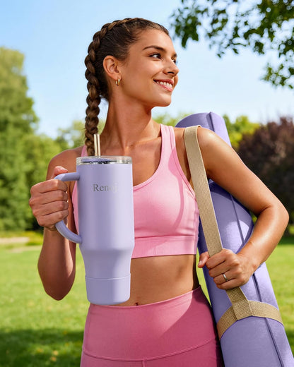Renoj Insulated Mug | 100% Spill Resistant Water Bottle for Iced Coffee & Hot Drinks - 32 oz FlexSlide Blue, Fits Car Cup Holder, Includes 2 Straws & Silicone Boot
