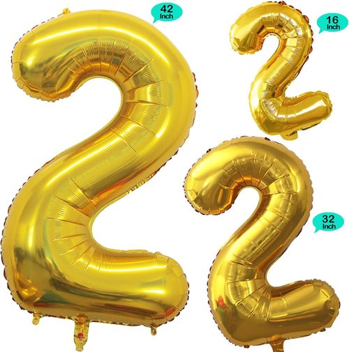GOER Gold Foil Number 2 Balloons - Huge 42" & 32" Birthday Party Decorations (3 Pcs)