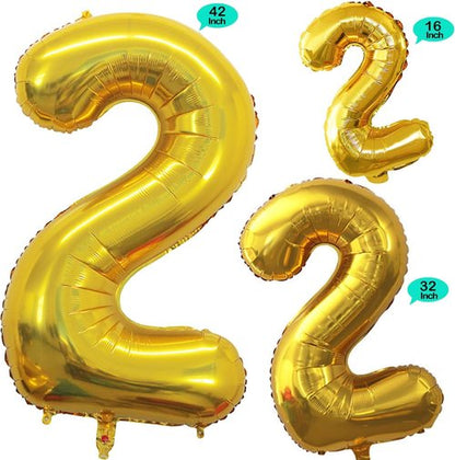 GOER Gold Foil Number 2 Balloons - Huge 42" & 32" Birthday Party Decorations (3 Pcs)