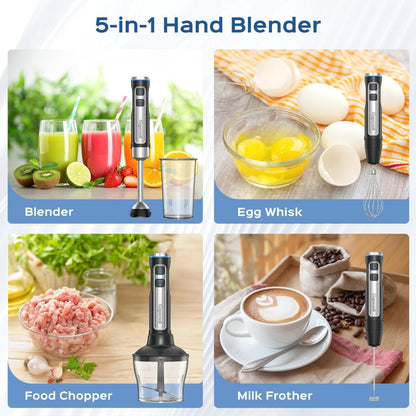 Skiennix 5-in-1 Immersion Blender - 1000W Heavy Duty Motor, 21 Speeds, Includes Milk Frother & Chopper