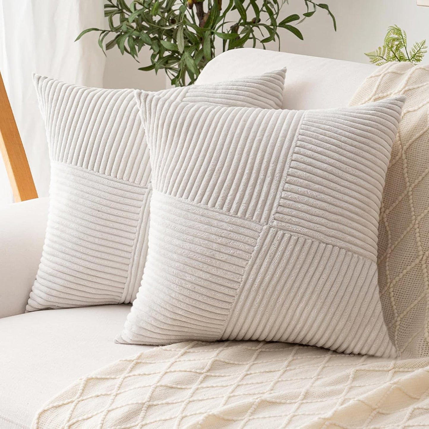 Skiennix Decorative Throw Pillow Covers - Set of 2, 18x18 Inch Boho Farmhouse Cushion Cases | Soft Cream White Corduroy