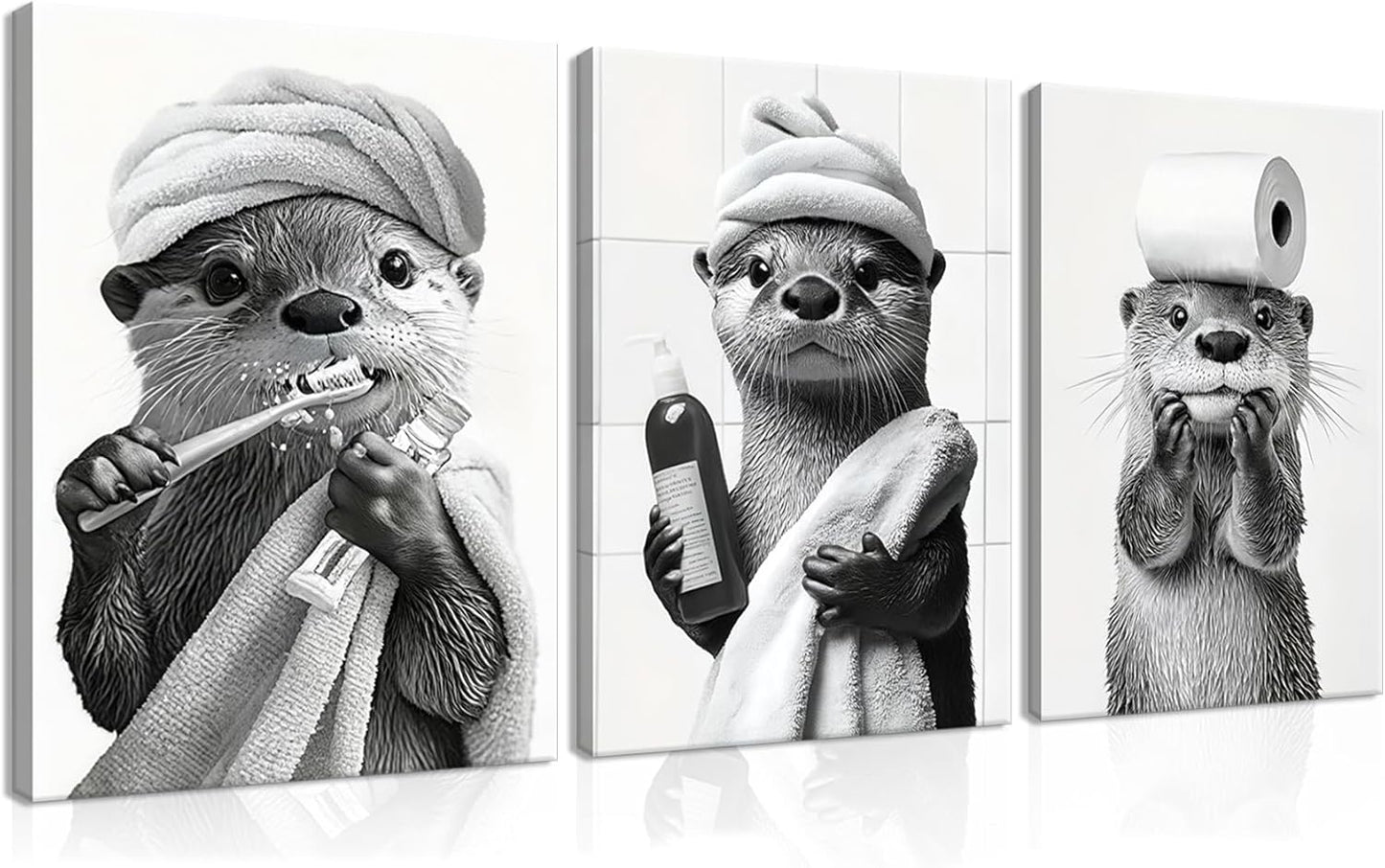 Skiennix Cute Bathroom Otter Canvas Wall Art - Set of 3 Black and White Prints | Funny Farmhouse Decor 12x16 Inch