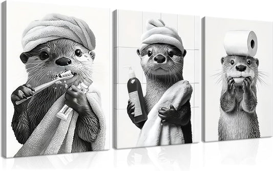 Skiennix Cute Bathroom Otter Canvas Wall Art - Set of 3 Black and White Prints | Funny Farmhouse Decor 12x16 Inch