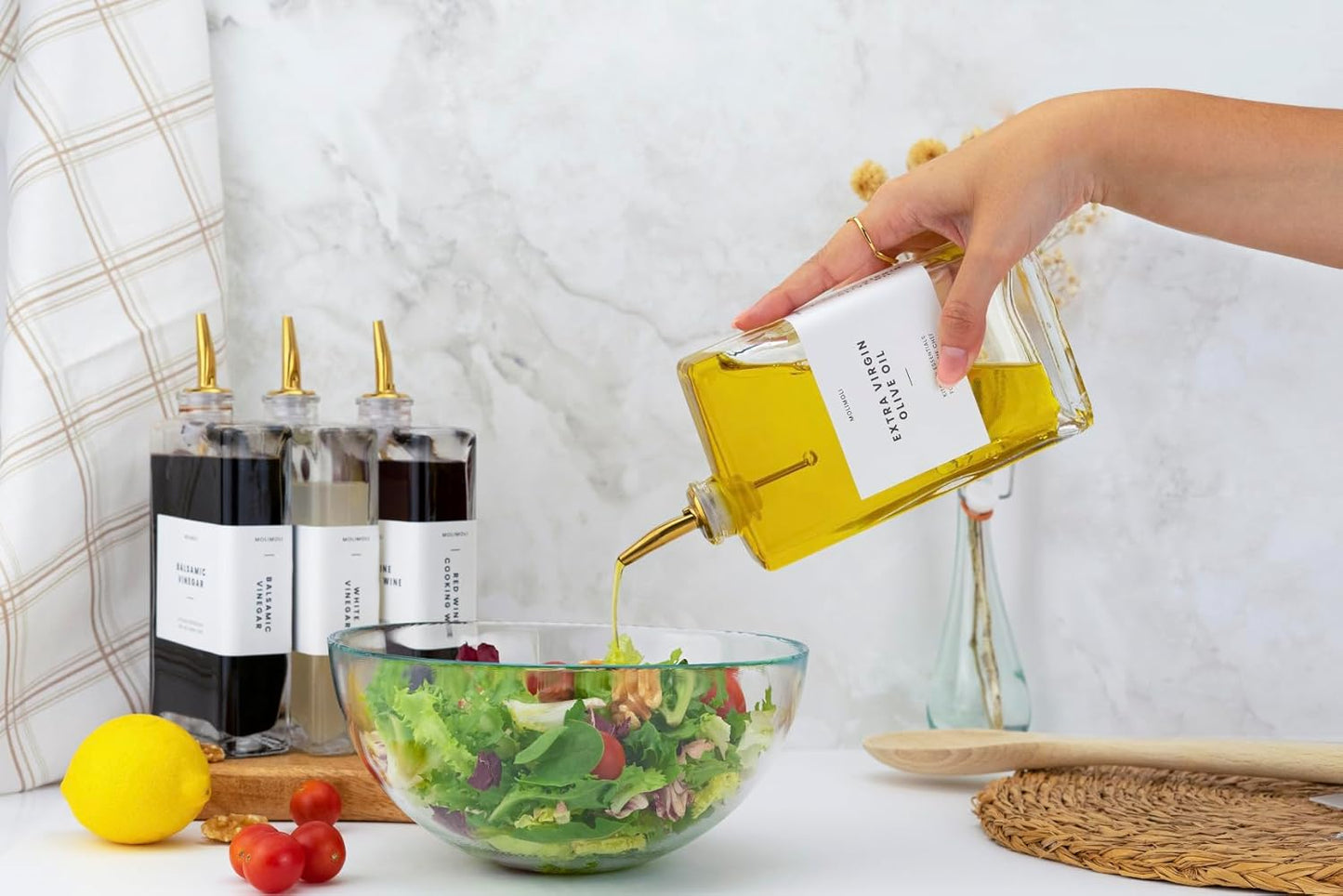 Molimoli Olive Oil Dispenser Bottle for Kitchen, Automatic Pourer, Glass Thin Bottle Dispenser for Kitchen, Olive Oil Cruet, | Set of 2 - Gold