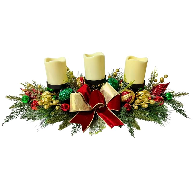Christmas Candle Holder Centerpiece with 3 Candle Holders and Red Bow