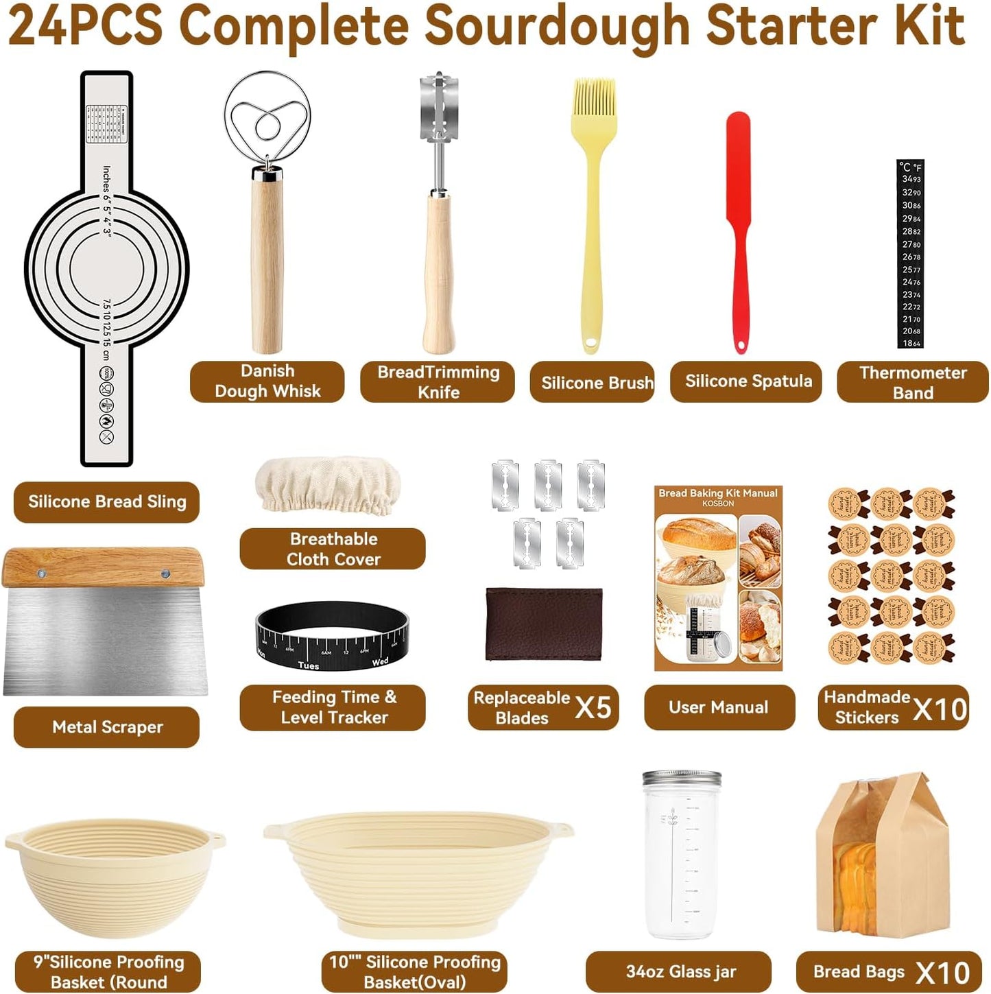 Skiennix 24 PCS Sourdough Starter Kit - Includes 34oz Jar & Silicone Banneton Proofing Baskets