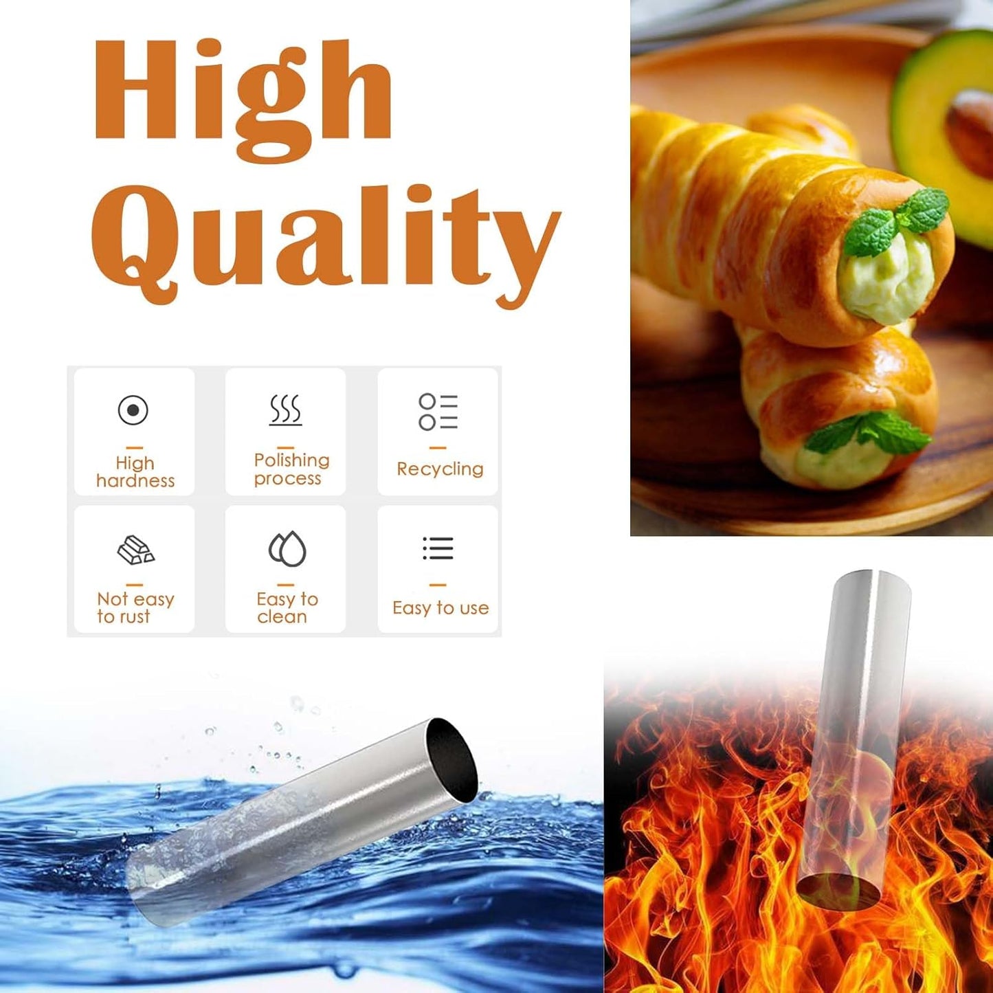 Skiennix Non-Stick Cream Horn Molds - 6 Pcs Stainless Steel Cannoli Tubes, 4.92 Inch Size for Baking