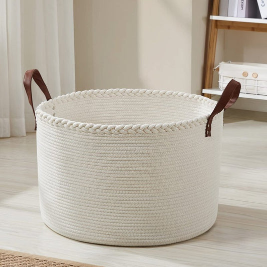 Organizix XLarge Round Cotton Rope Storage Basket Bin Organizer Laundry Hamper with Leather Handles, 21 x 21 x 14, Extra Large Blanket Woven Basket for Nursery - Cream