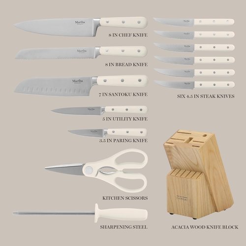 Martha Stewart 14-Piece High Carbon Stainless Steel Cutlery Set - Forged Handles & Acacia Block | Linen White