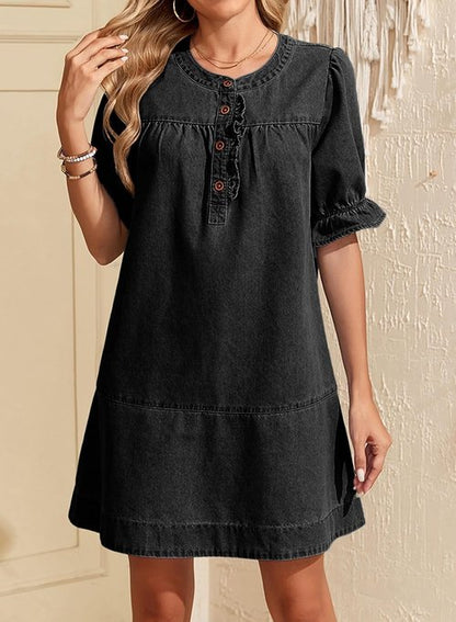 Dokotoo Women's Denim Dress 2026 Babydoll Dress Casual Ruffle Short Sleeve Button Jean Dresses