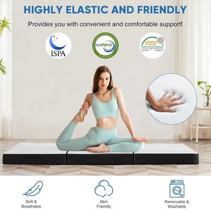 OLIXIS Tri-fold Memory Foam Mattress - 4 Inch Single Size Portable Floor Bed, Foldable Mat for Kids and Adults, Collapsible and Washable Cover with CertiPUR-US Certified, for Travel & Camping & Yoga