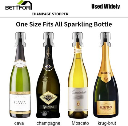 Champagne Stoppers with Stainless Steel Champagne Saver with Food Grade Silicone Leak proof Keep Fresh Suitable for Champagne, Cava, Prosecco and Sparkling (Silver, 4 Pack)