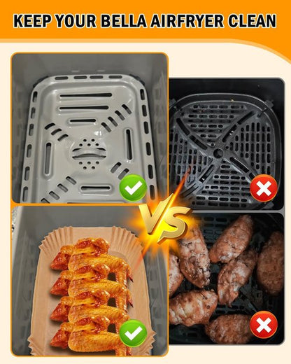 Bella Air Fryer Disposable Paper Liners - 130PC Food-Grade Non-Stick Parchment for Easy Cleanup | Rectangle Size