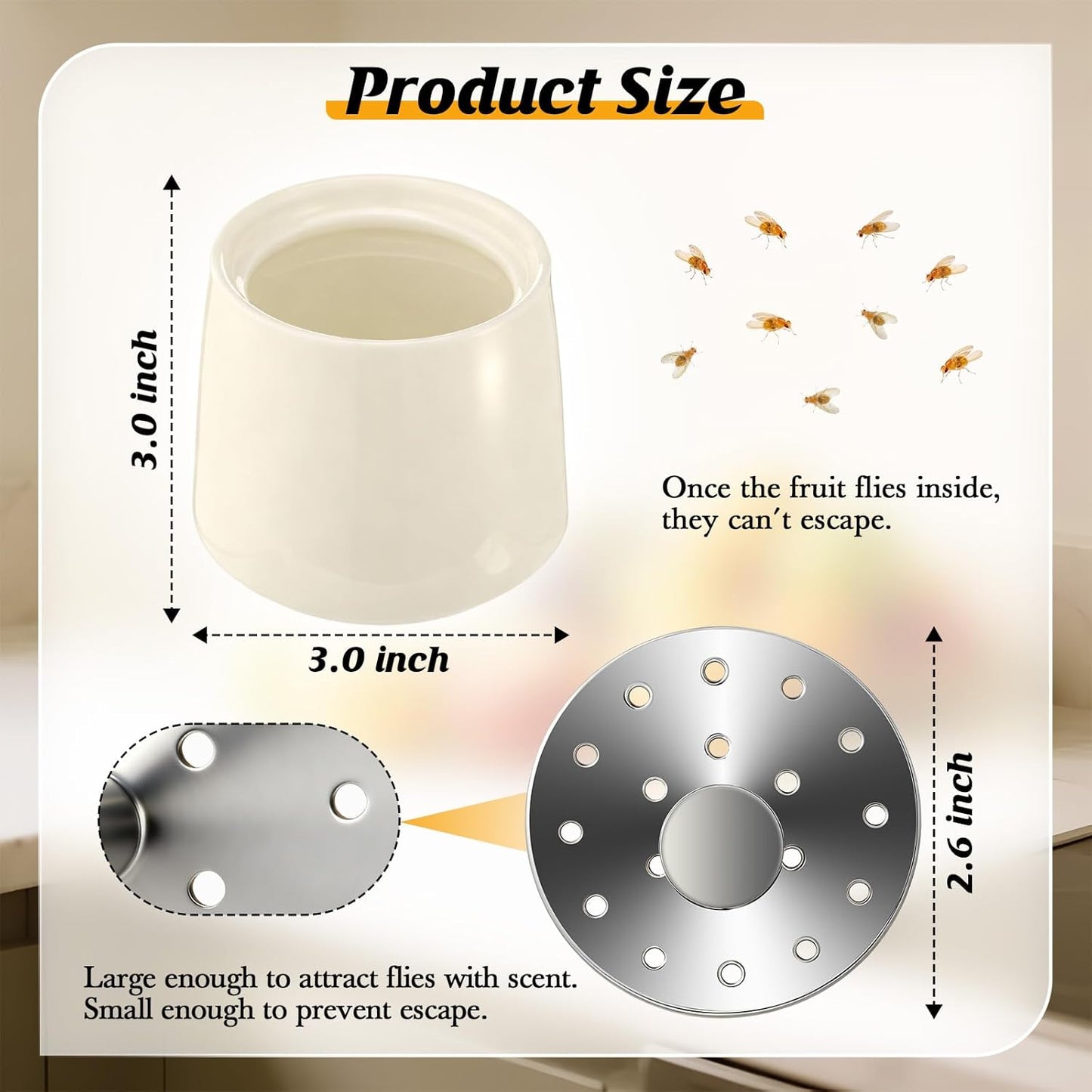 Skiennix Ceramic Fruit Fly Trap - Reusable Kitchen Fly Catcher with Stainless Steel Vent Lid | Dishwasher Safe, Easy to Use (White, 1 Pack)