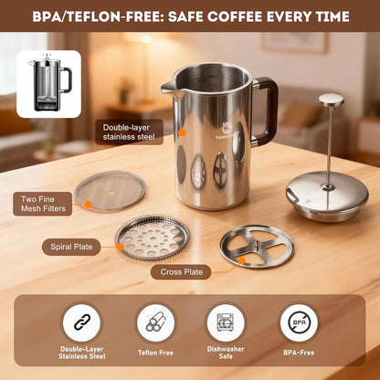 Skiennix French Press Coffee Maker - Durable 304 Stainless Steel, Easy Clean & Leak-Proof | 1L/34 Oz (Silver Upgrade)