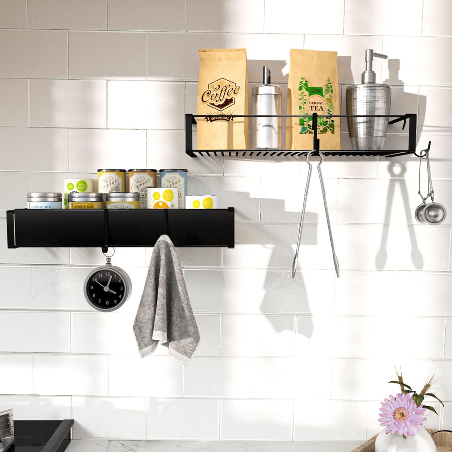Skiennix Shower Caddy - Adhesive Organizer with Hooks | No-Drill Storage for Bathroom & Kitchen - 2 Pack Black
