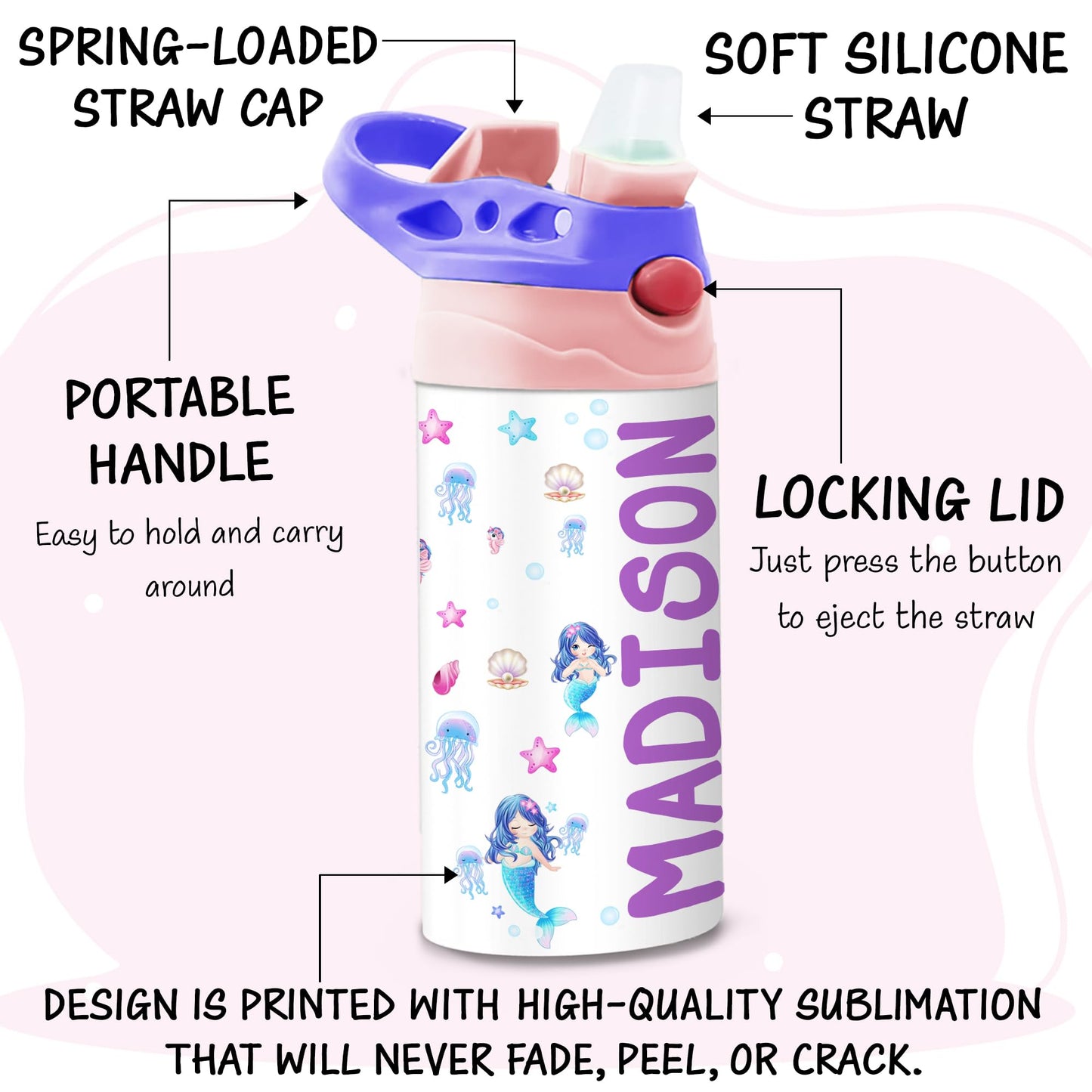 Personalized Kids Water Bottle | 12 Oz Double Wall Insulated Stainless Steel Tumbler | Custom Name Leak-Proof Cup with Straw | Back to School Gift for Toddlers, Children, Boys, Girls | Mermaid