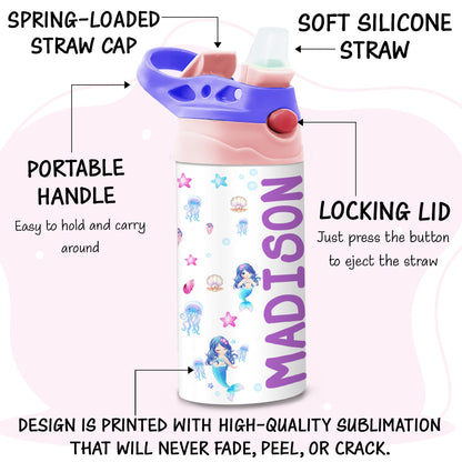 Personalized Kids Water Bottle | 12 Oz Double Wall Insulated Stainless Steel Tumbler | Custom Name Leak-Proof Cup with Straw | Back to School Gift for Toddlers, Children, Boys, Girls | Mermaid