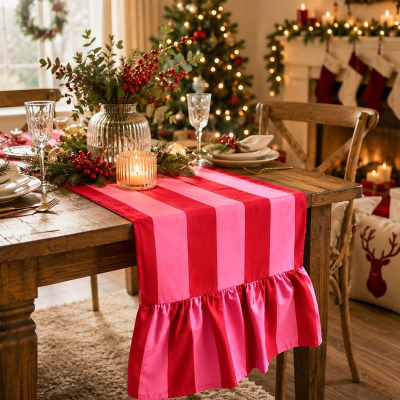 Ruffle Table Runner 13x72 inch - Boho Pink Red Striped Decorative Home Wedding Party