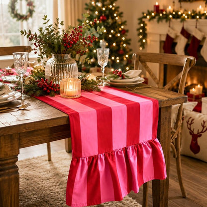 Ruffle Table Runner 13x72 inch - Boho Pink Red Striped Decorative Home Wedding Party