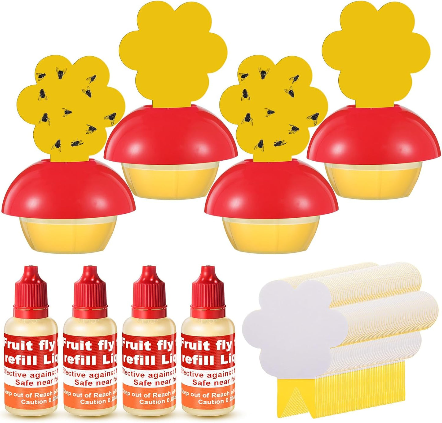 Qualirey Fruit Fly Trap - Indoor 4-Pack with Refill Liquid & 60 Sticky Pads | Safe for Pets & Kids