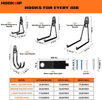 Pack 13 Heavy Duty Garage Hooks - Multi-Sized Wall-Mounted Tool Hangers with Anti-Rust PVC Coating | Ideal for Bikes, Ladders, and Garden Tools
