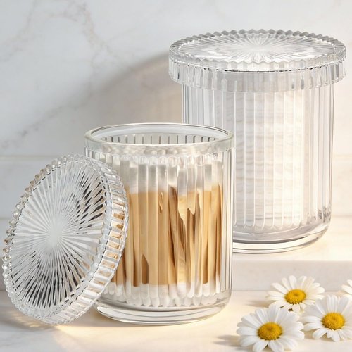 Clear Apothecary Jars - 2 Pack Glass Qtip Holder Dispenser Set for Cotton Swabs & Makeup Storage