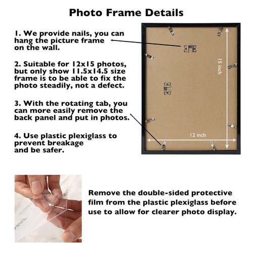JCJMY 12x15 Picture Frame, Wall Hanging Horizontally and Vertically, 12 x 15 Wall Gallery Poster Photo Frame with Shatter Resistant Plexiglass, Black