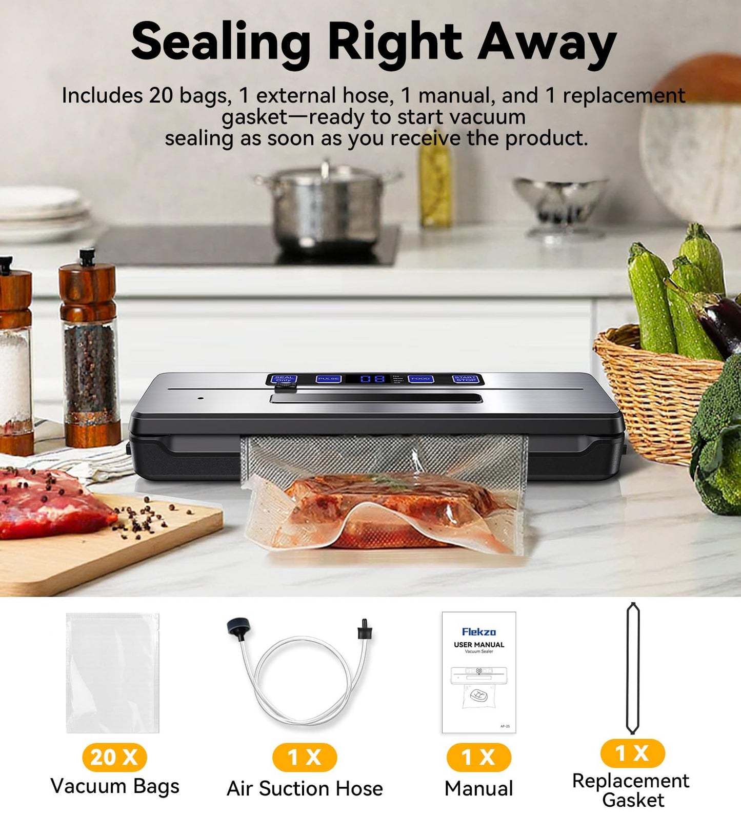 Vacuum Sealer for Food Freezer - Vacuum Sealer Machine for Meat, Sous Vide, Seal & Pre A meal, Save Food, Built-in Cutter, Compact Design, Fully Starter Kits, Sliver Black
