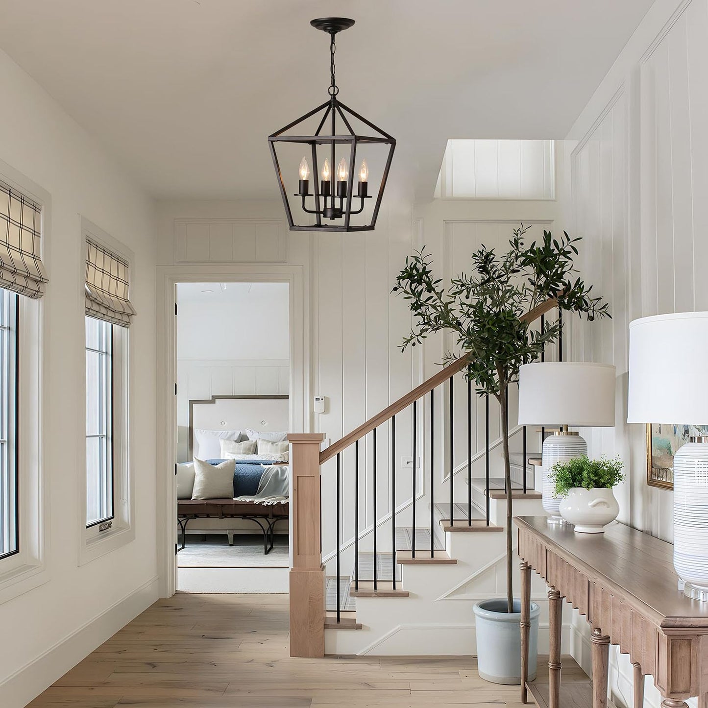 Mlmgmh168 4-Light Black Farmhouse Chandelier Iron Lantern Pendant Light Rustic Cage Hanging Light Fixtures Industrial Foyer Lights for Kitchen Island Dining Room Hallway Foyer Entryway