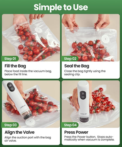 Skiennix Compact Vacuum Sealer - Powerful Handheld Food Sealer with LED Display & 30 Reusable Bags