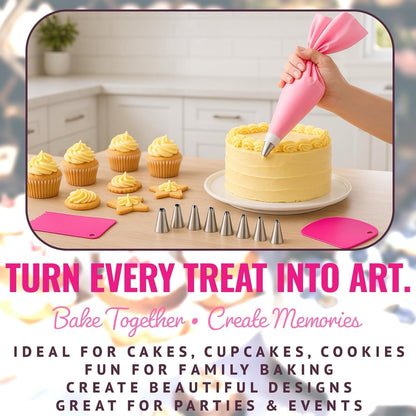 Skiennix Piping Bags and Tips Set - 21-Piece Reusable Cake Decorating Kit with 14 Stainless Steel Nozzles, 2 Silicone Bags & 3 Scrapers