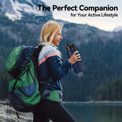 Neihepal 32 oz Insulated Water Bottle - 18/8 Stainless Steel with Straw & Spout Lids | Navy, 1 Pack