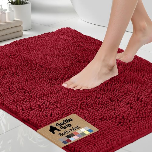 GORILLA GRIP Bath Rug Mat 36x24, Thick Soft Absorbent Chenille, Quick Dry Microfiber Mats, Rubber Backing Washable Shower Floor Rugs, Bathmat Runner, US Designed Bathroom Home Decor Accessories Red