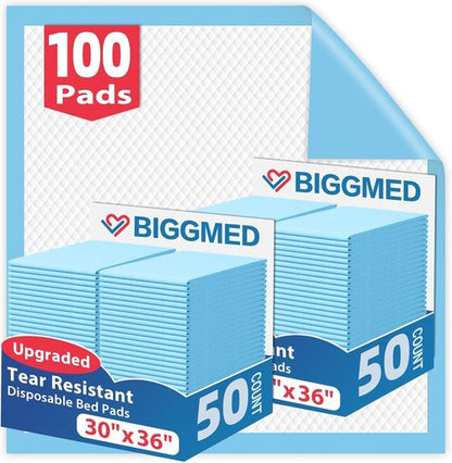 BIGGMED Tear-Resistant Disposable Bed Pads - 30" x 36" | 100 Count Absorbent Underpads for Adults & Pets